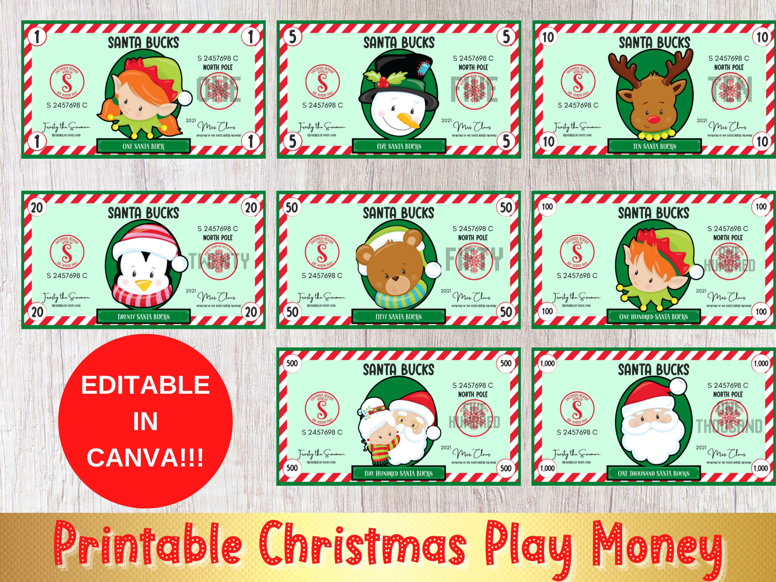 Editable Christmas Printable Play Money, Santa Bucks, Fake for Free Printable Santa Money