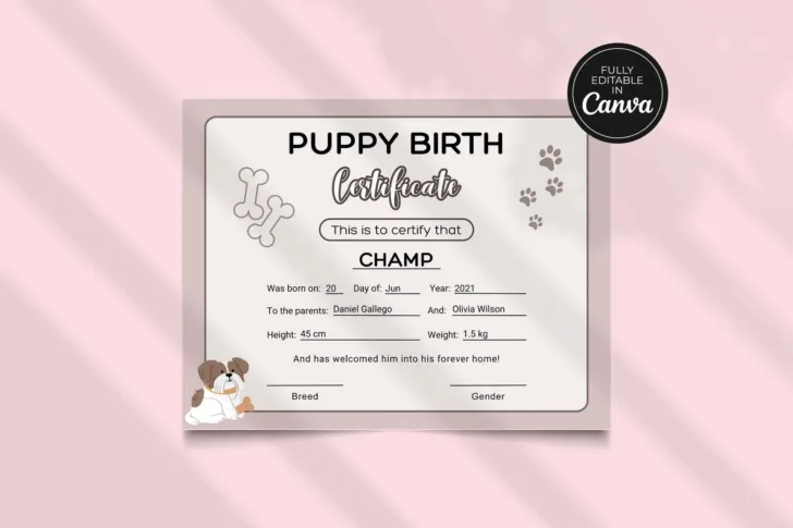 Free Printable Puppy Birth Certificate