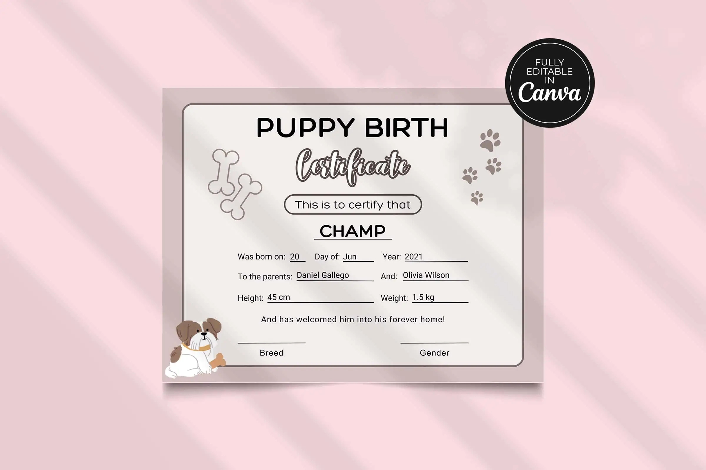 Editable Printable Puppy Birth Certificate | Snapybiz pertaining to Free Printable Puppy Birth Certificate
