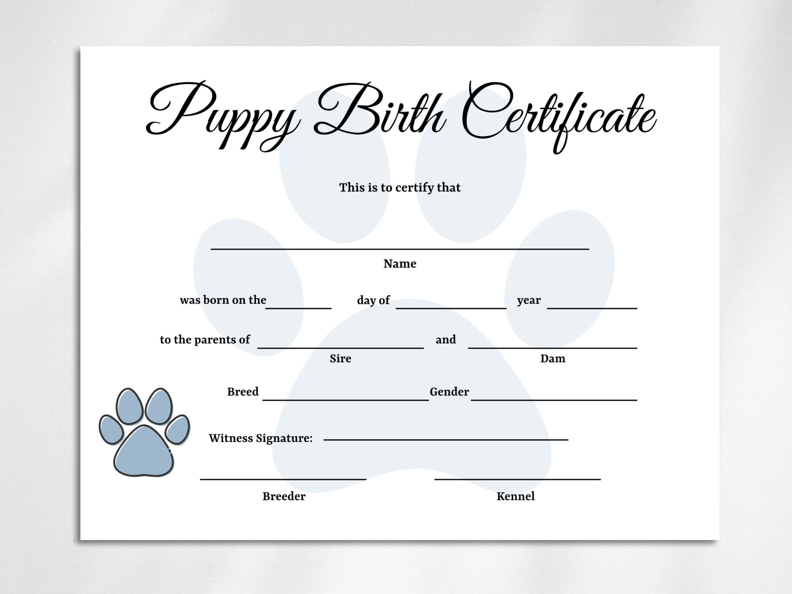 Editable Puppy Birth Certificate Template, Dog Adoption Certificate, Pet Birth Certificate, Dog Breeder Forms throughout Free Printable Puppy Birth Certificate