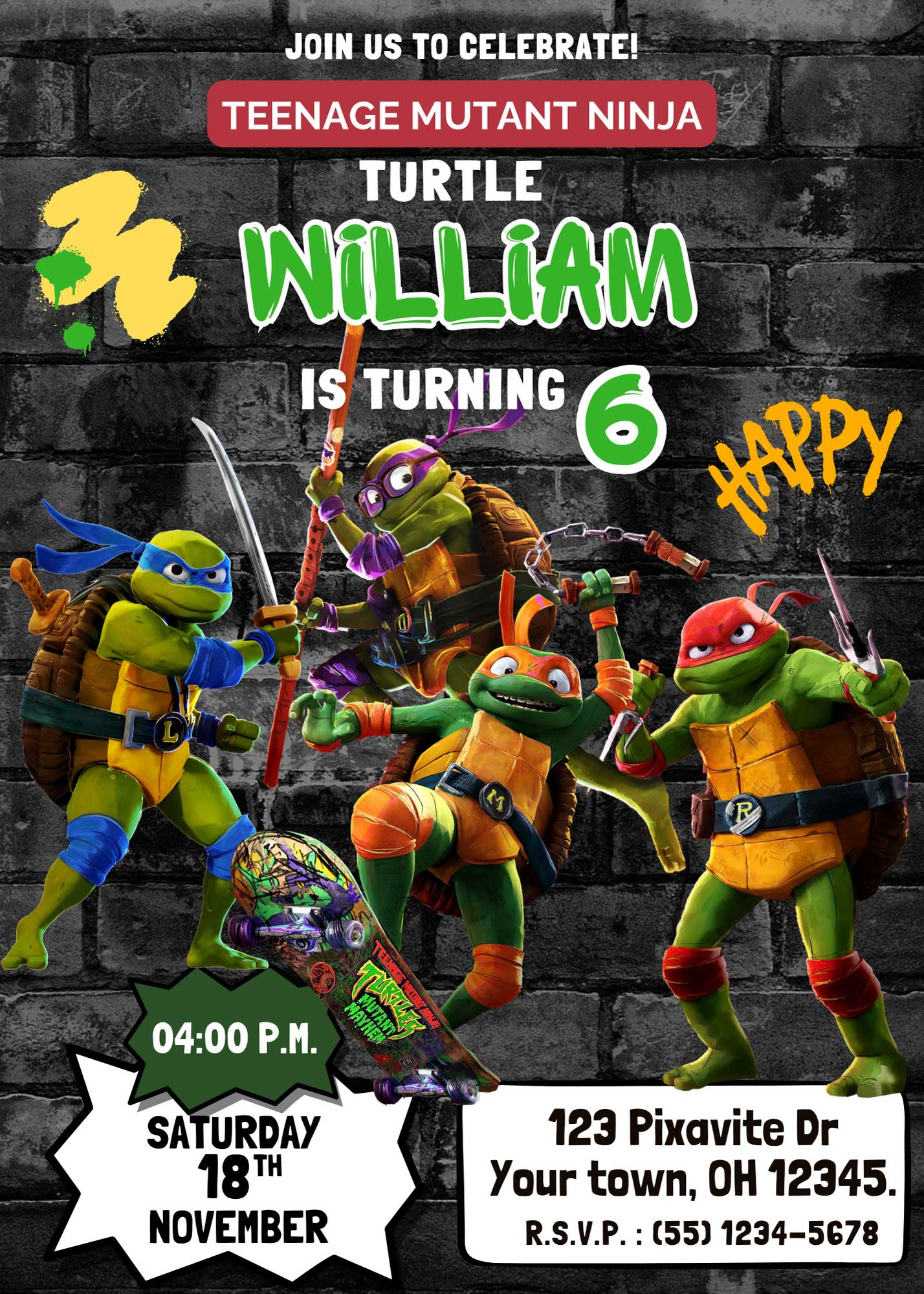 Editable Teenage Mutant Ninja Turtles Mutant Mayhem Birthday Invitation Template | Fantastic Invite for Free Printable Ninja Turtle Birthday Invitations