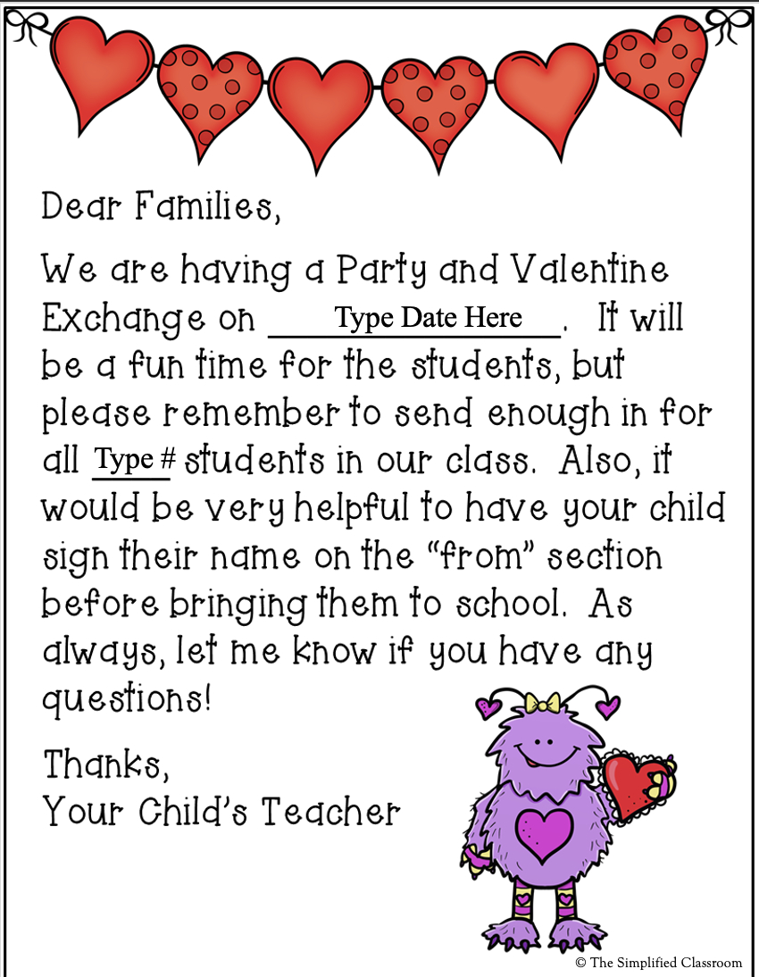 Editable Valentines Day Party Letter Home To Families And Parents For Exchange intended for Printable Classroom Party Letter To Parents Template