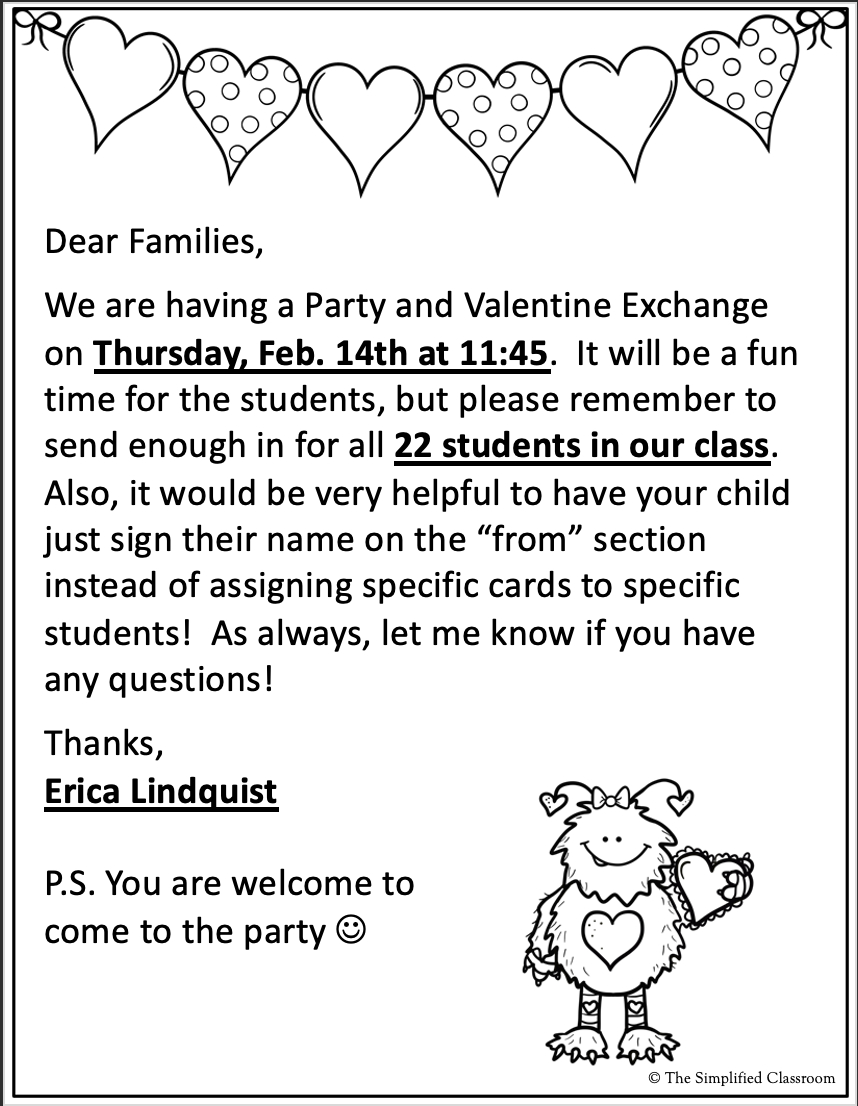 Editable Valentines Day Party Letter Home To Families And Parents For Exchange intended for Printable Classroom Party Letter To Parents Template