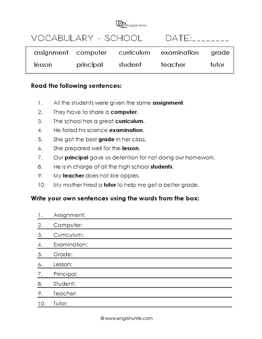 English Unite - School Vocabulary Worksheet with regard to Vocabulary Printable Worksheets For Grade 7