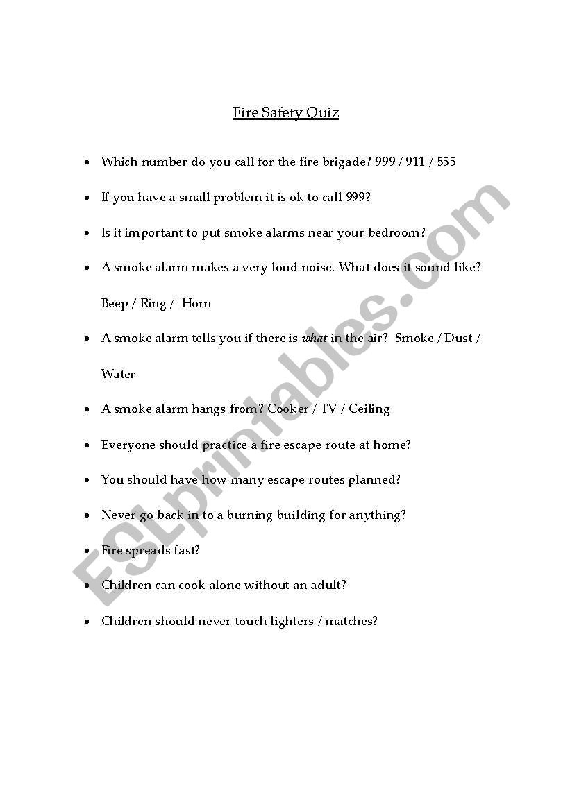 English Worksheets: Fire Safety Quiz for Printable Fire Safety Quiz