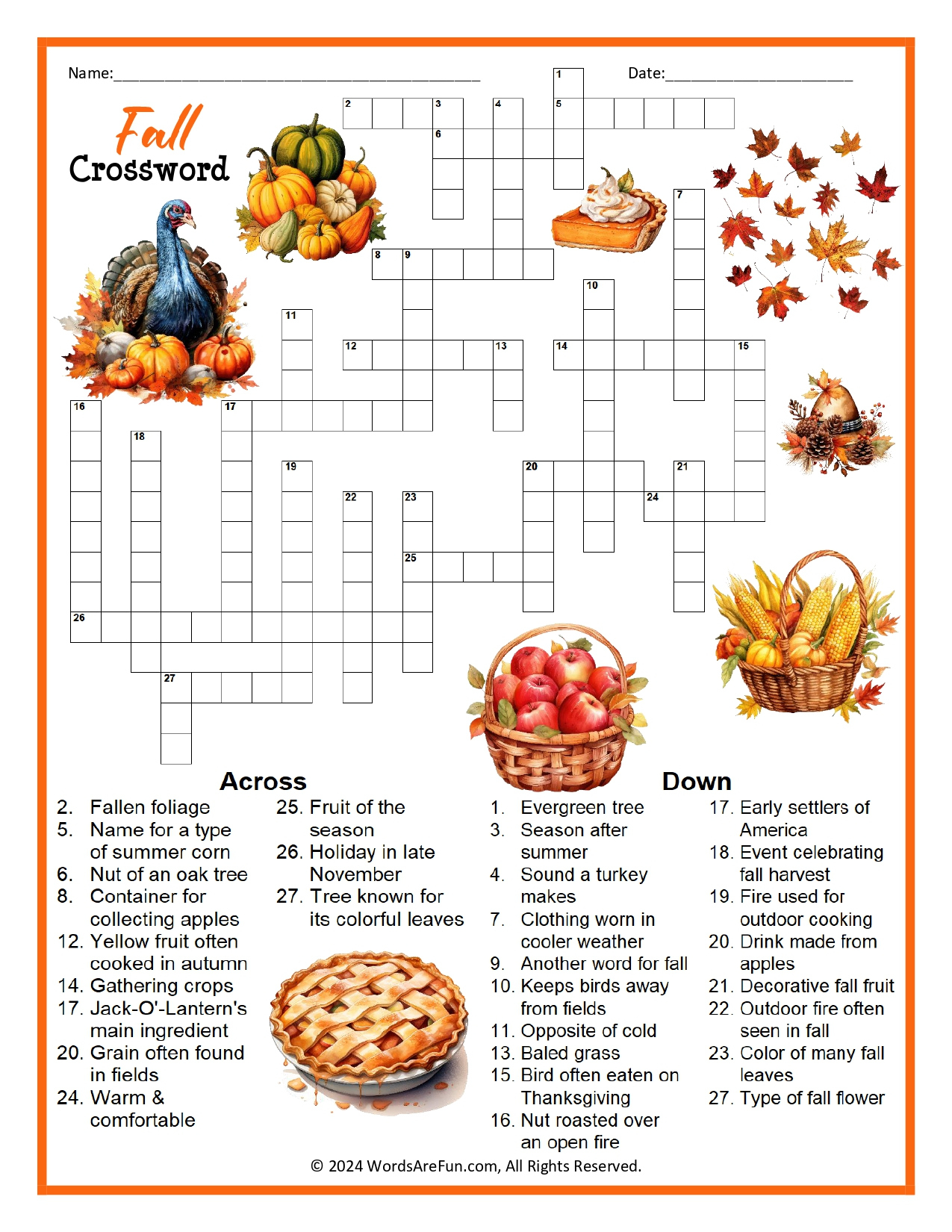 Fall Crossword Puzzle for Autumn Crosswords Printable