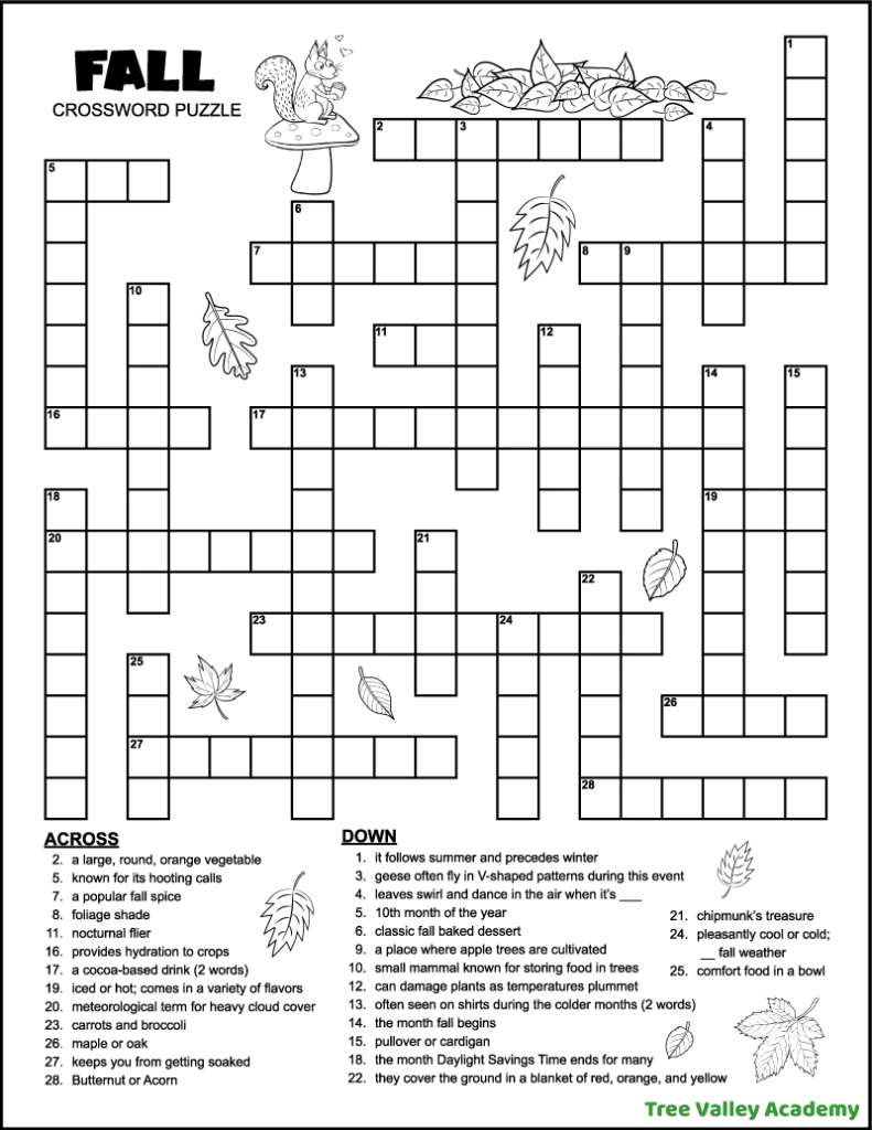 Fall Crossword Puzzle For Middle School - Tree Valley Academy for Printable Crossword Puzzels