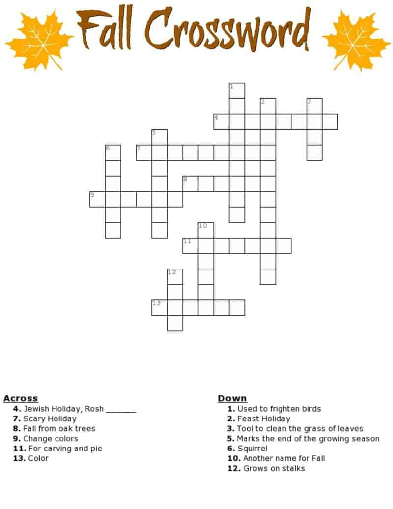 Fall Crossword Puzzle Free Printable Worksheet intended for Fall Crosswords Printable