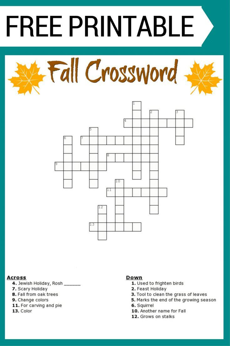 Fall Crossword Puzzle Free Printable Worksheet with Autumn Crosswords Printable