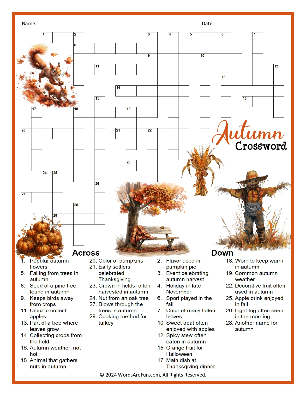 Fall Crosswords with Autumn Crosswords Printable