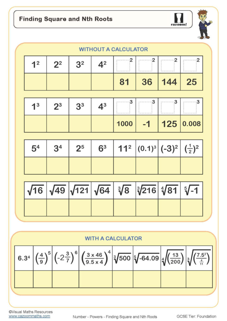 Free Printable Square Root Worksheets