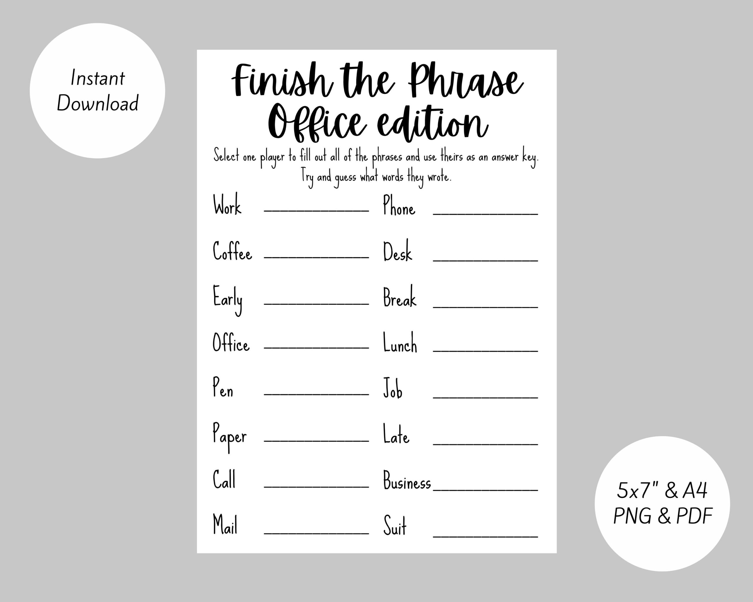 Finish The Phrase Office Edition - Team Building/ Office Party throughout Finish The Phrase Printable