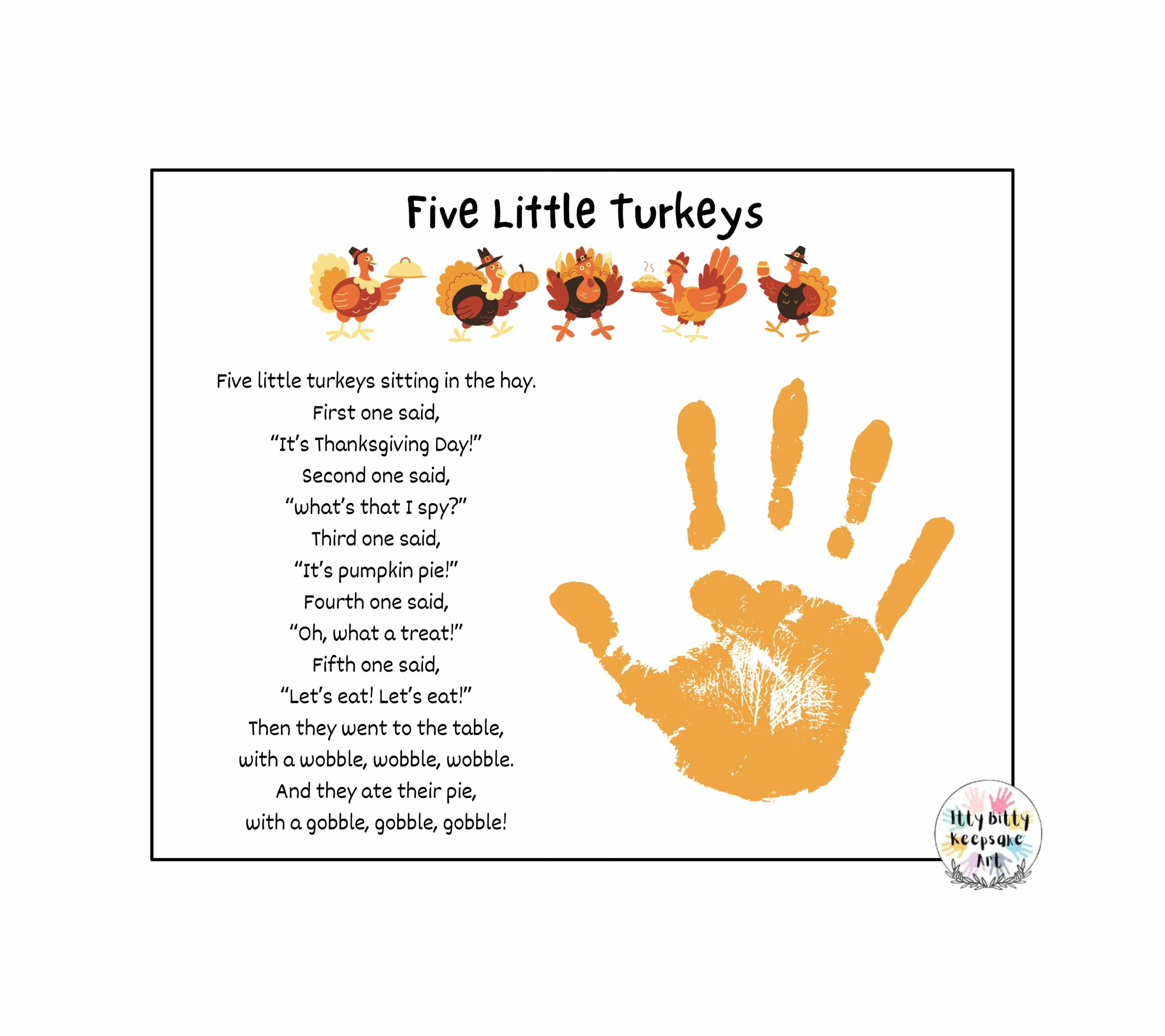 Five Little Turkeys Poem Handprint Craft Art Printable Template throughout 5 Little Turkeys Printable