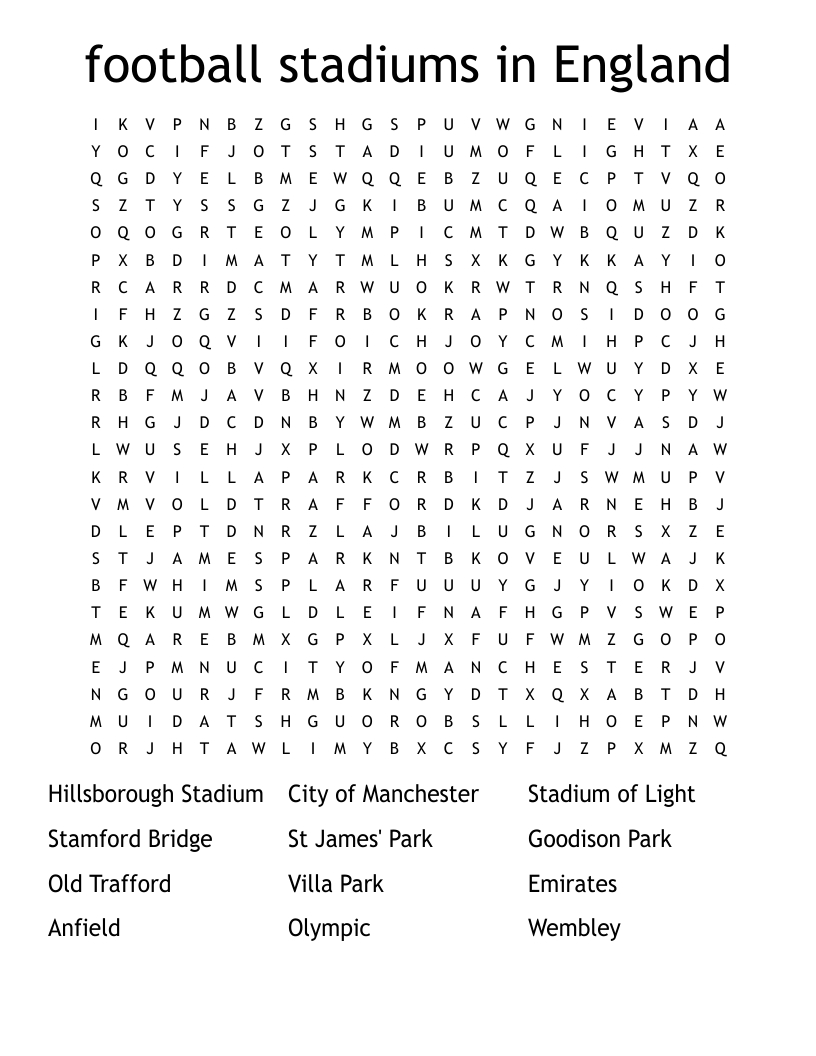 Football Stadiums In England Word Search - Wordmint intended for Football Word Search Printable