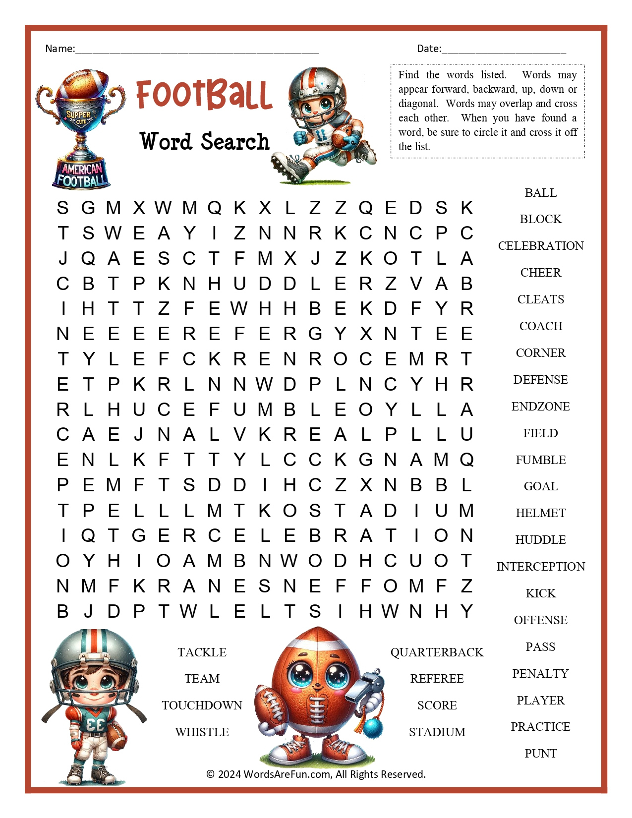 Football Word Search For Kids throughout Football Word Search Printable