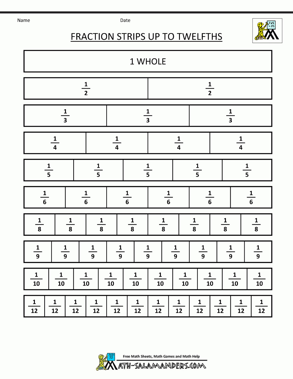 Fraction Strips Worksheet: Interactive Learning Tool For Fractions inside Blank Fraction Bars Printable