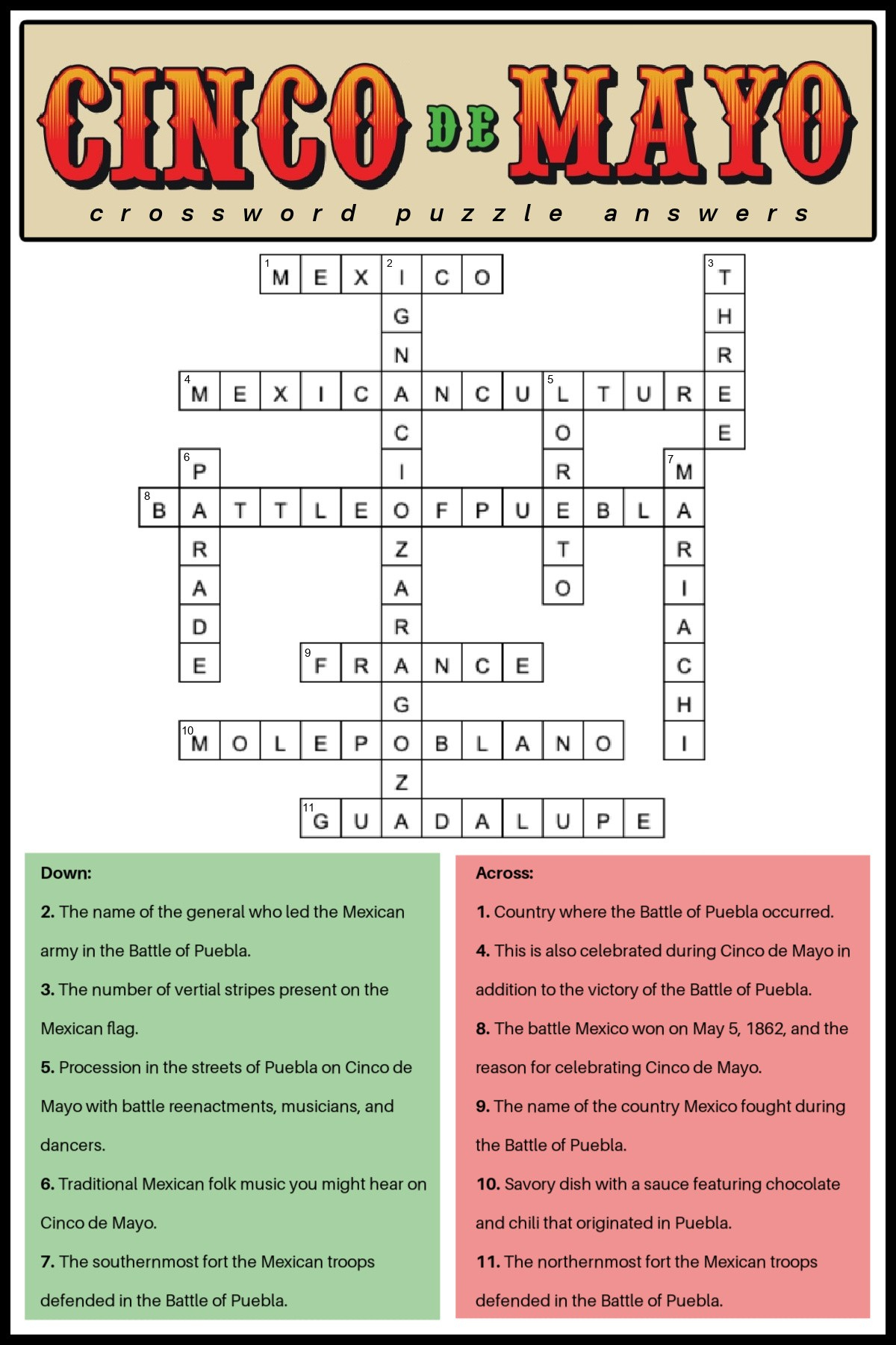 Free Cinco De Mayo Crossword Puzzles (2 Versions) With Answers regarding Cinco De Mayo Crossword Puzzle Printable