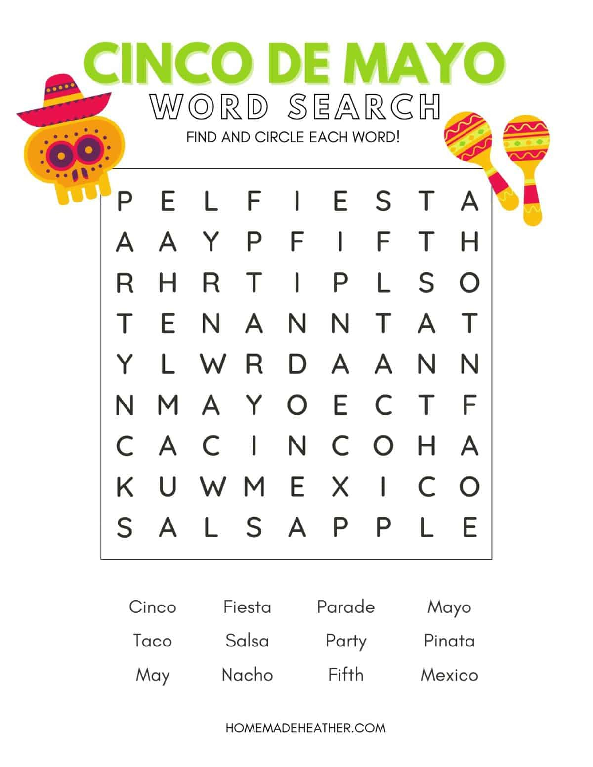 Free Cinco De Mayo Word Search Printable » Homemade Heather pertaining to Cinco De Mayo Word Search Free Printable