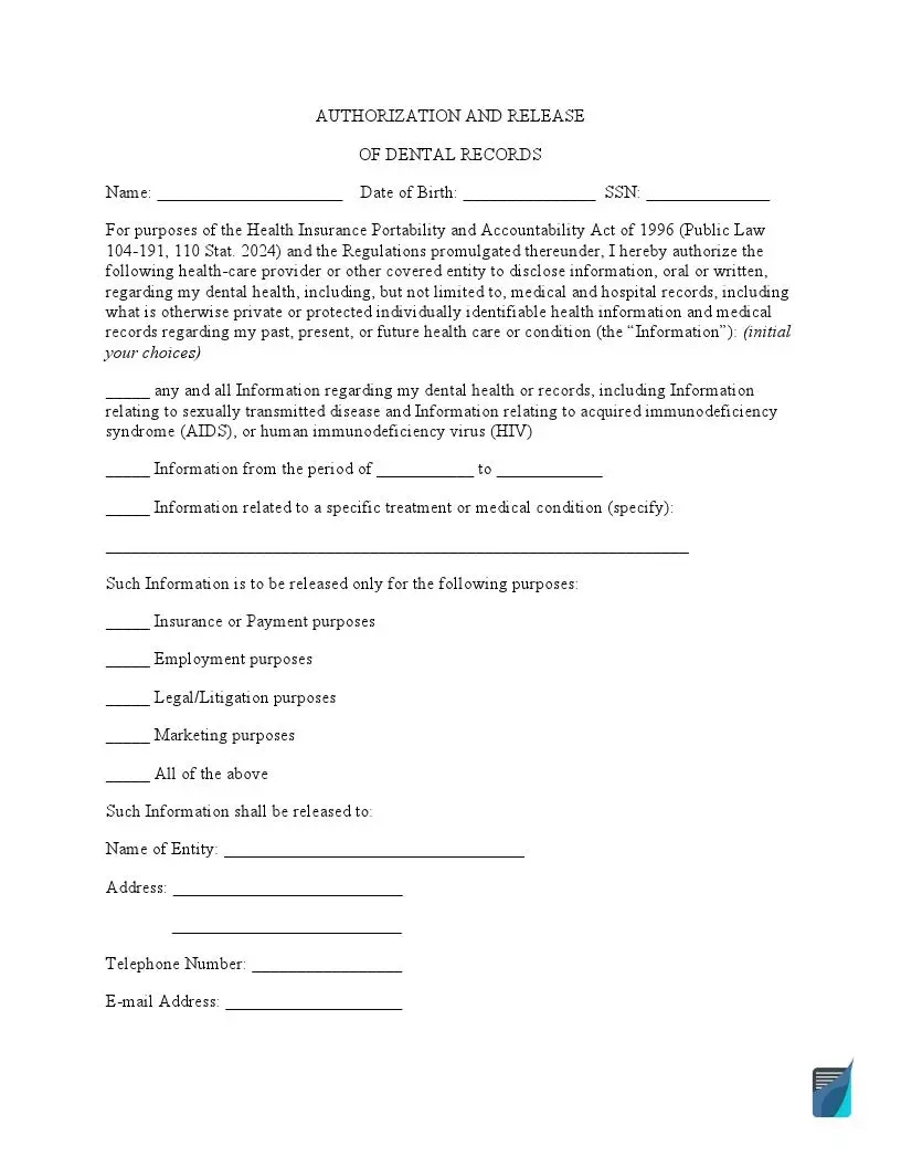 Free Dental Records Release Form (Hipaa) | Formspal for Printable Dental Records Release Form