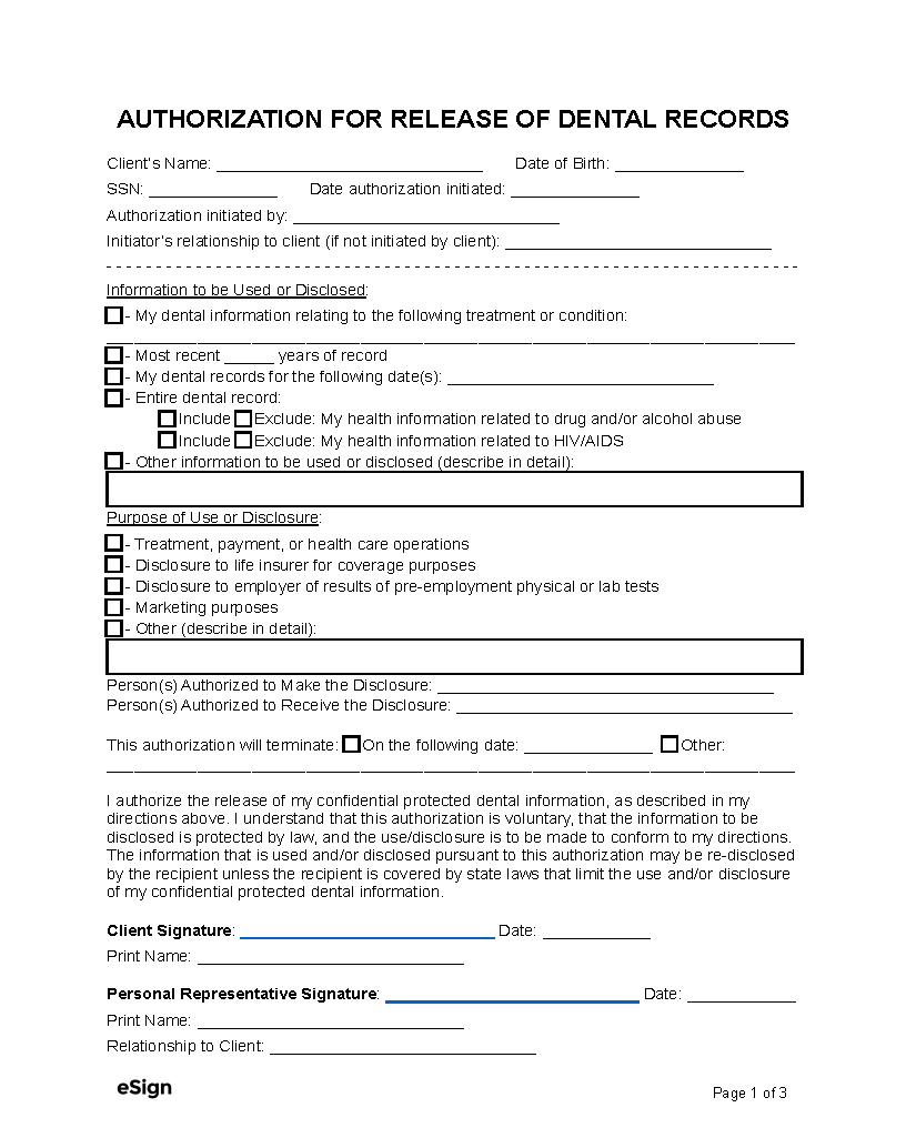 Free Dental Records Release Form (Hipaa) | Pdf | Word with Printable Dental Records Release Form