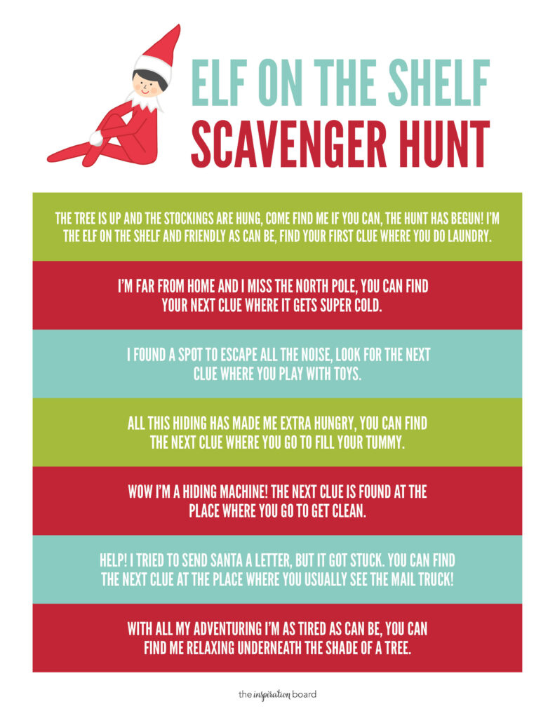 Free Elf On The Shelf Scavenger Hunt - The Inspiration Board within Elf On The Shelf Scavenger Hunt Free Printable