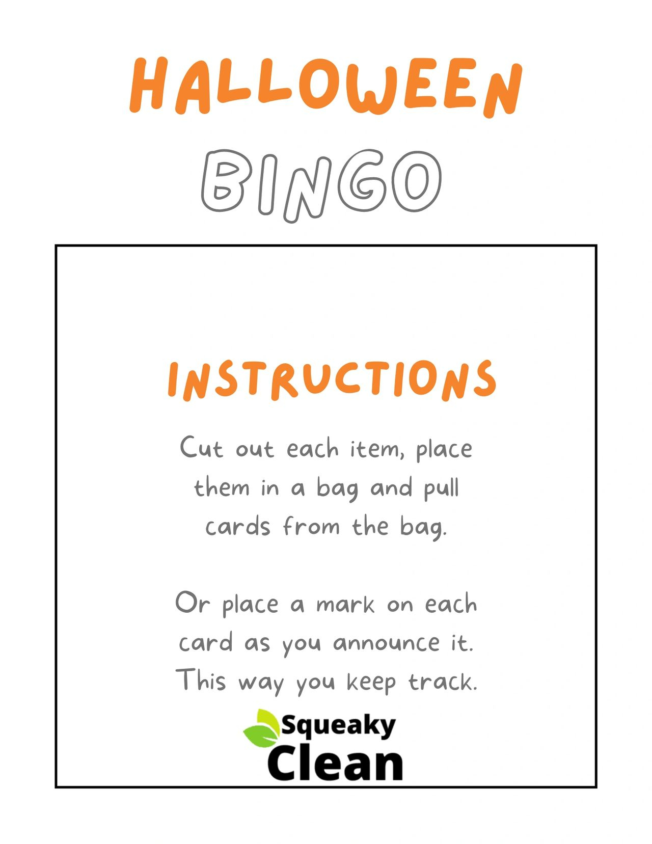 Free Halloween Bingo Game | Squeaky Clean Inc. in Bingo Card Game Rules