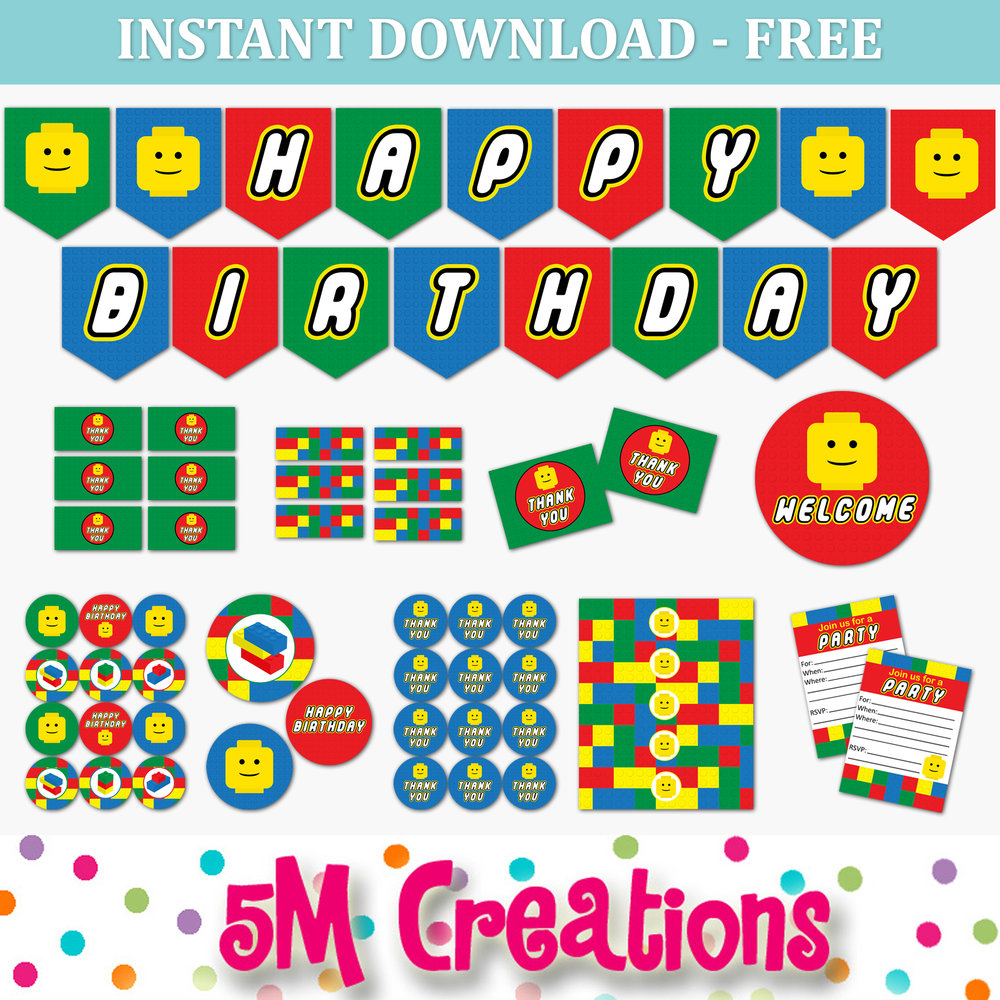 Free Lego Inspired Party Printable Decorations – Instant Download in Lego Party Free Printables