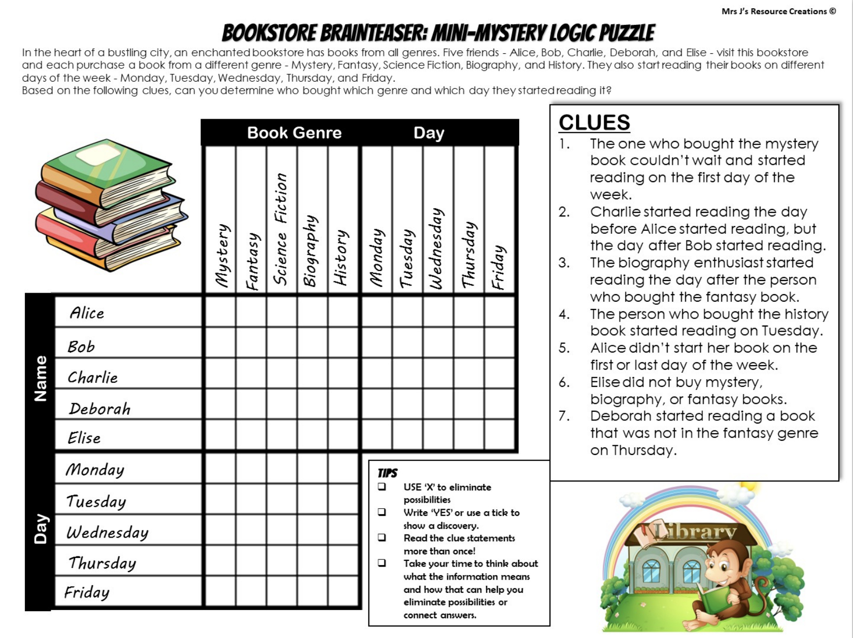 Free Mystery Logic Puzzle For Book Week - Top-Rated Teaching regarding Free Printable Logic Puzzles With Grids