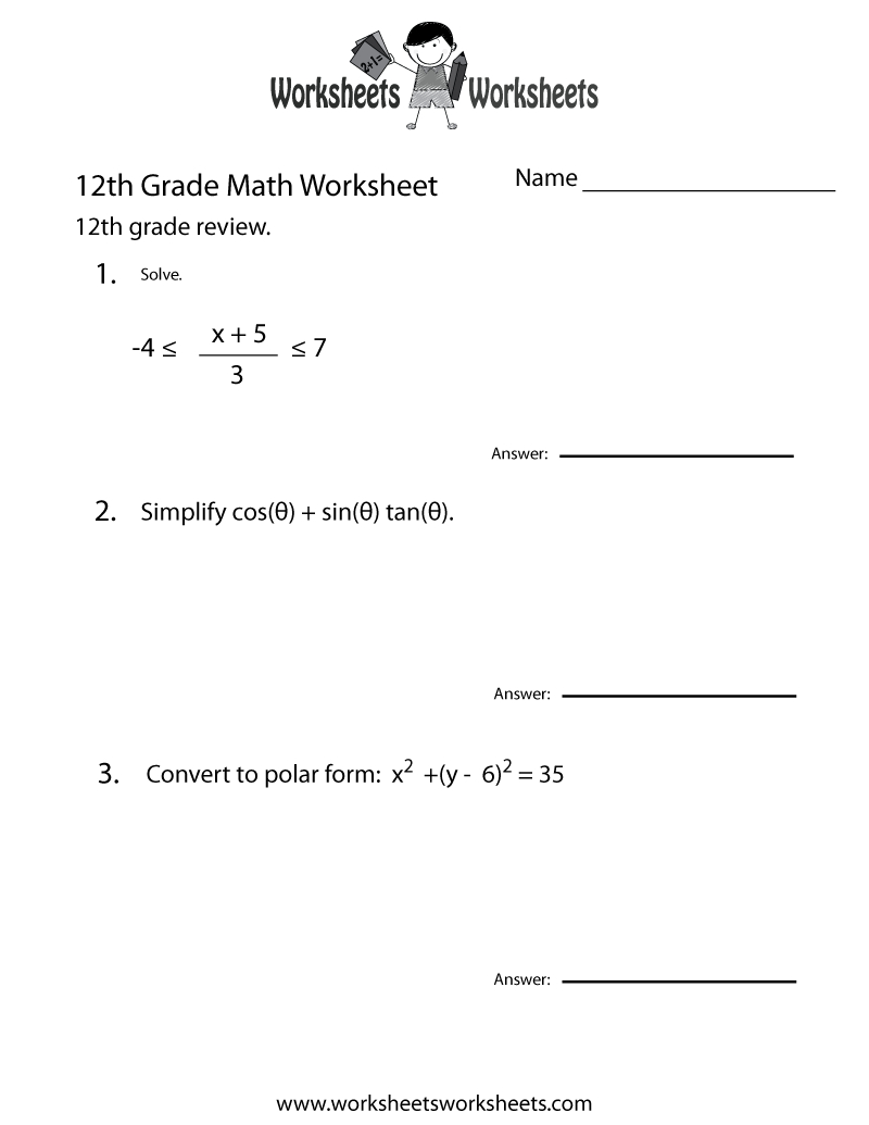 Free Printable 12Th Grade Math Review Worksheet in 12th Grade Free Printable Worksheet