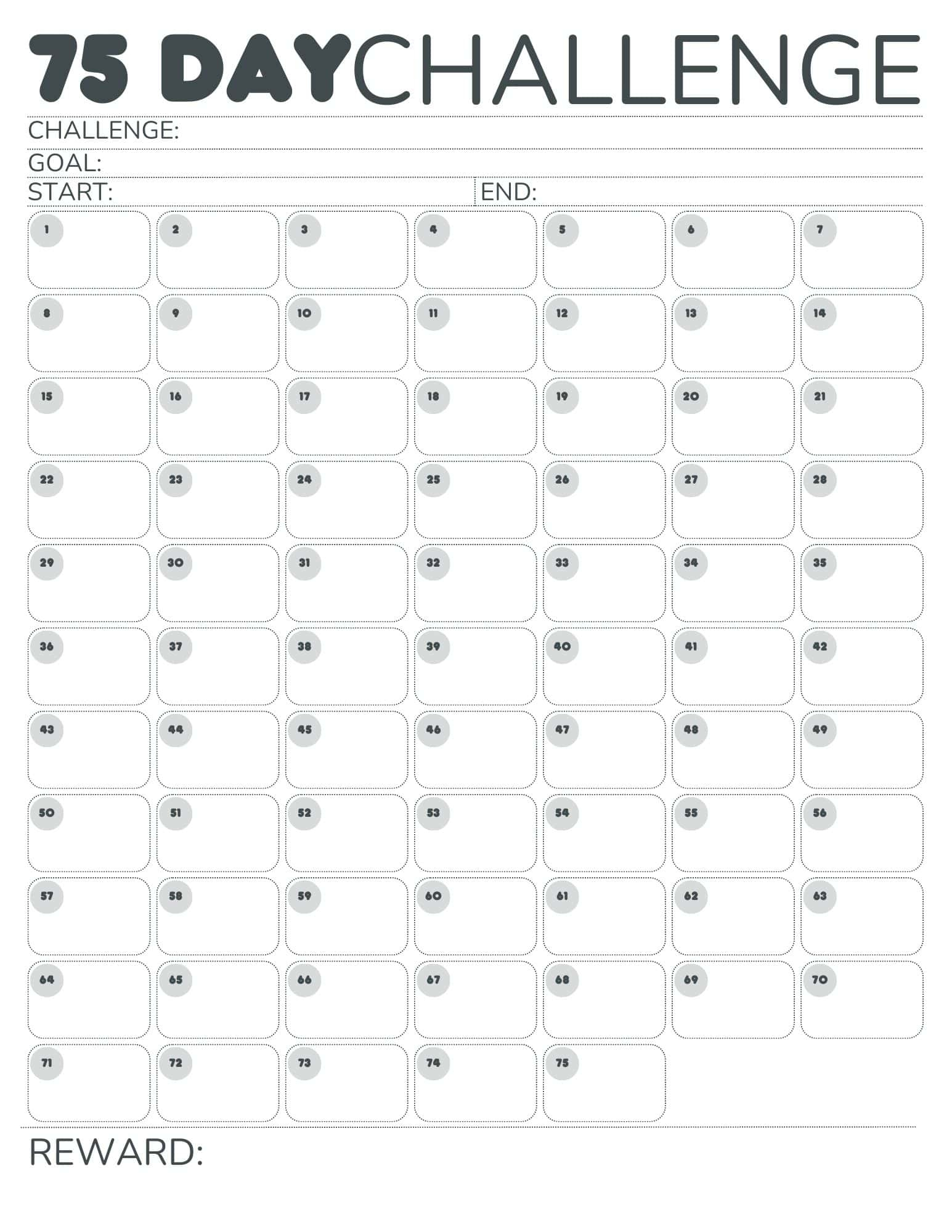 Free Printable 75-Day Challenge Calendar For 75 Hard, 75 Medium in 75 Hard Challenge Free Printable