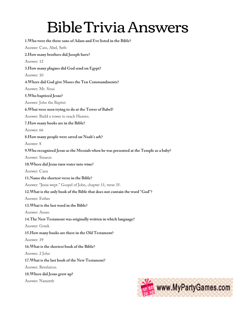 Free Printable Bible Trivia Quiz With Answer Key for Printable Bible Trivia Games