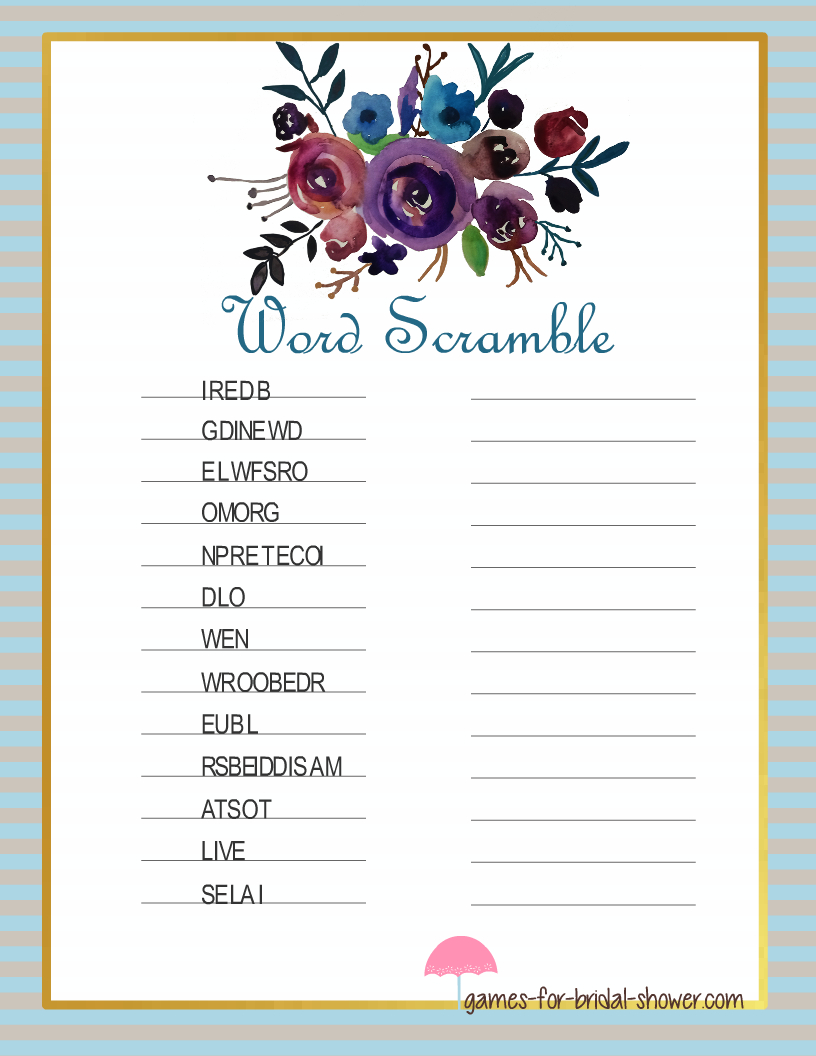 Free Printable Bridal Shower Word Scramble Game inside Free Printable Bridal Shower Word Scramble