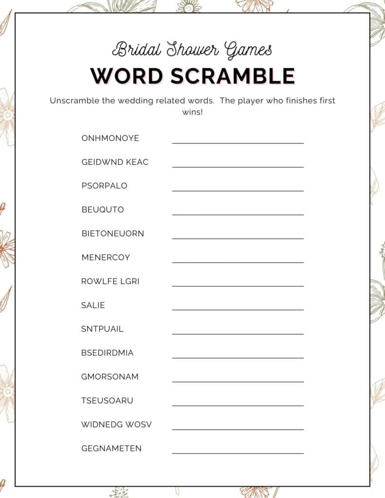 Free Printable Bridal Shower Word Scramble Game regarding Free Printable Bridal Shower Word Scramble