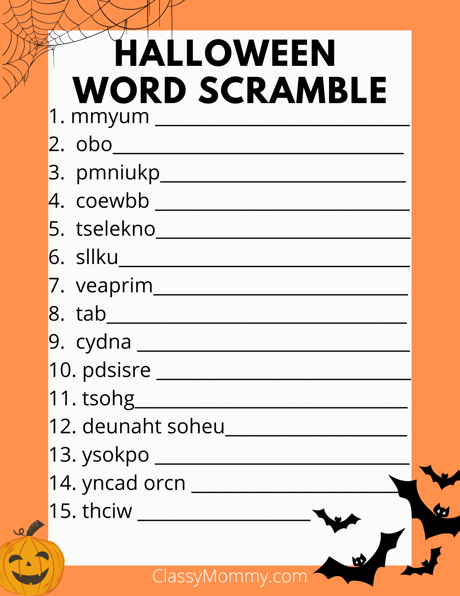 Free Printable Halloween Word Scramble - Classy Mommy in Free Printable Halloween Word Scramble