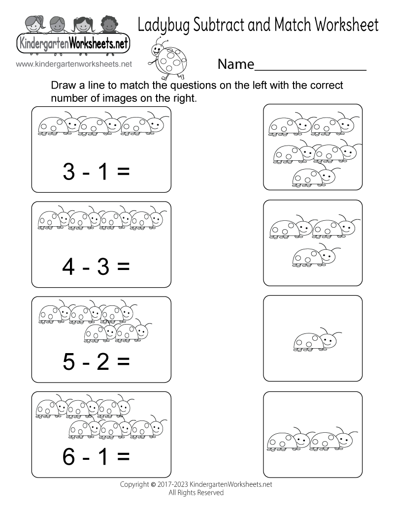 Free Printable Ladybug Subtract And Match Worksheet in Ladybug Subtract And Match Worksheet