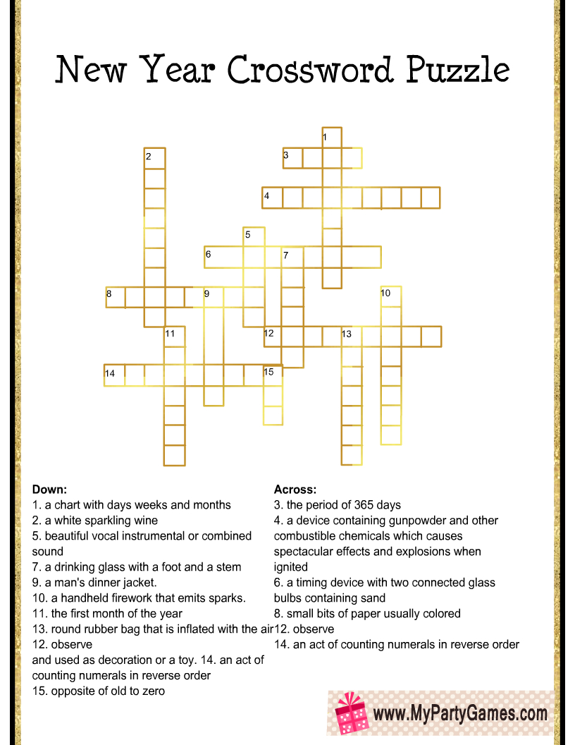 Free Printable New Year Crossword Puzzle For Adults inside New Year Crossword Puzzle Printable