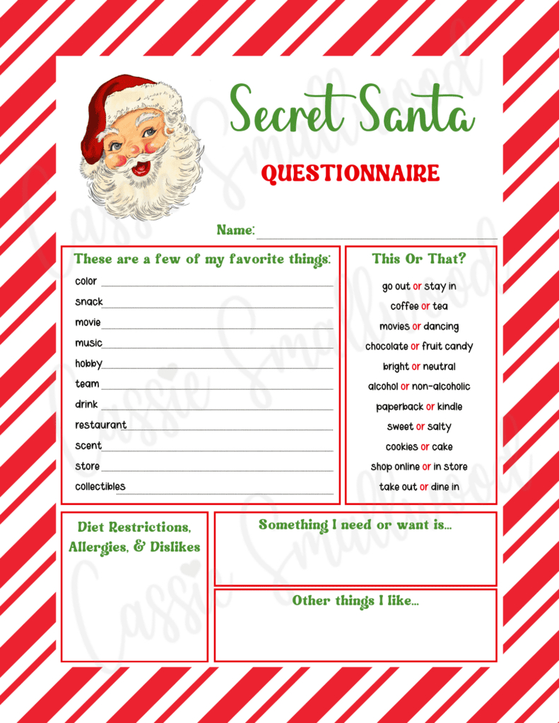 Free Printable Secret Santa Questionnaire Templates - Cassie Smallwood in Secret Santa Form Free Printable