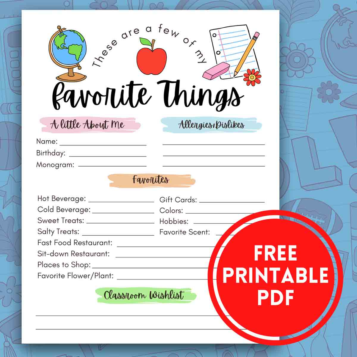 Free! Printable Teacher Favorite Things - Mindymakes pertaining to Teacher Favorites Questionnaire Free Printable