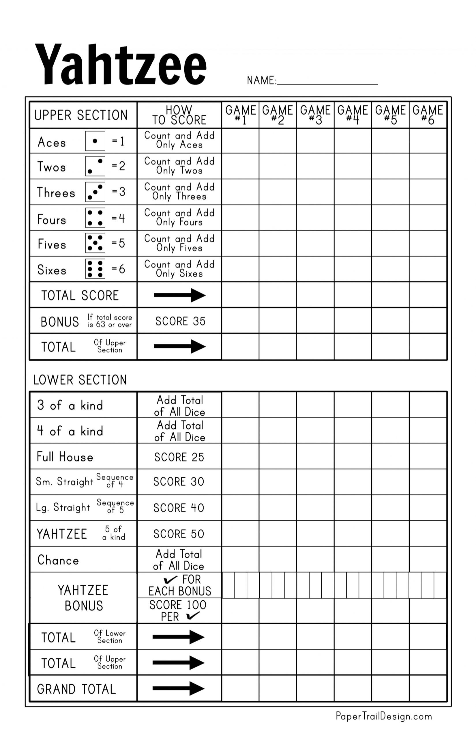 Free Printable Yahtzee Score Card | Paper Trail Design within Free Printable Yahtzee Score Sheets