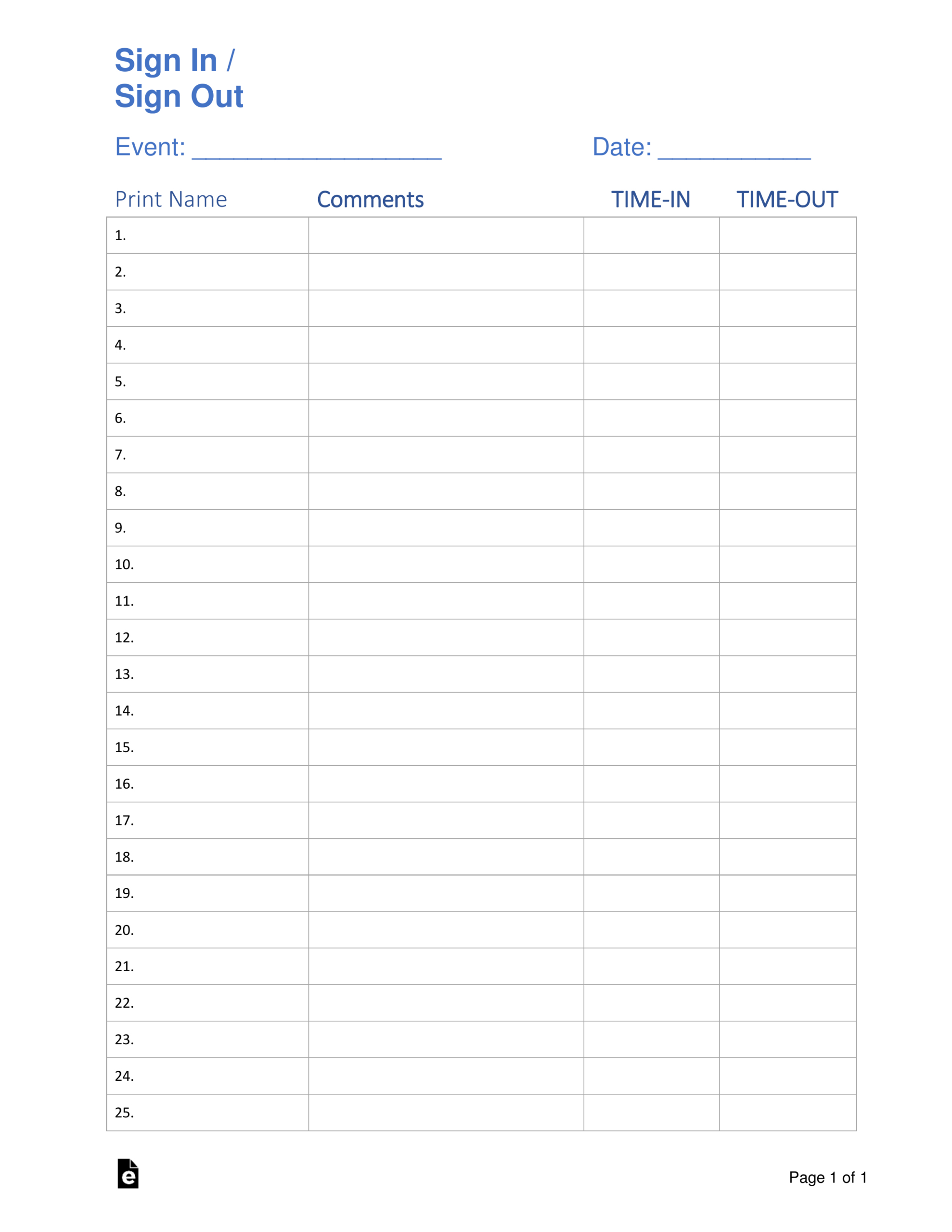 Free Sign In / Sign Up Sheet Templates - Pdf | Word – Eforms inside Free Printable Sign In Sheet Template
