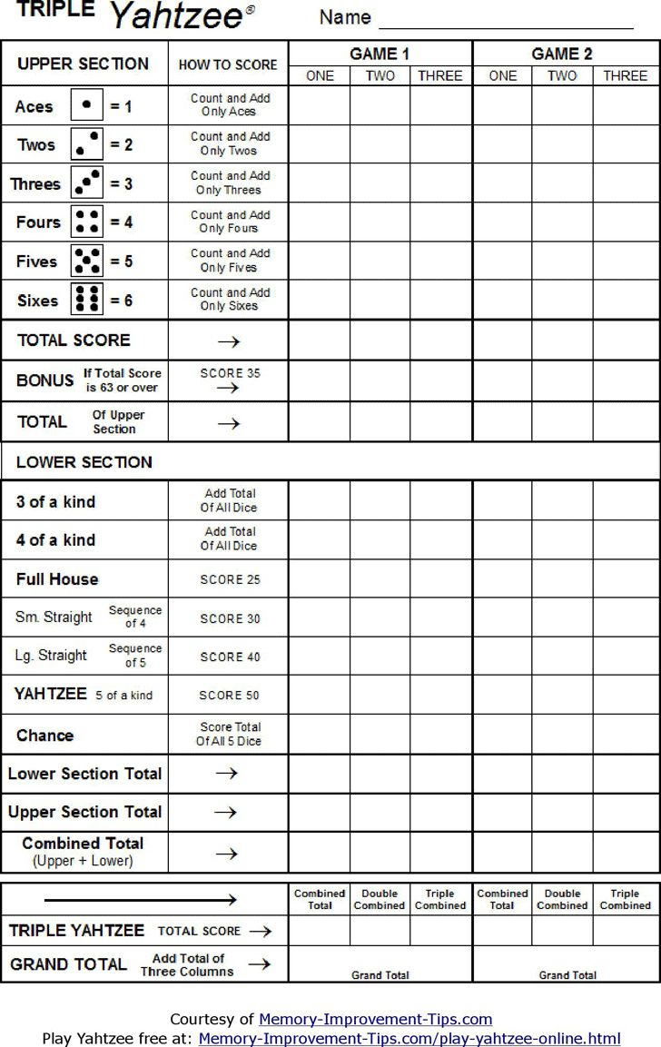 Free Triple Yahtzee Scoresheet - Pdf | 48Kb | 1 Page(S) for Triple Yahtzee Score Sheet Printable Free