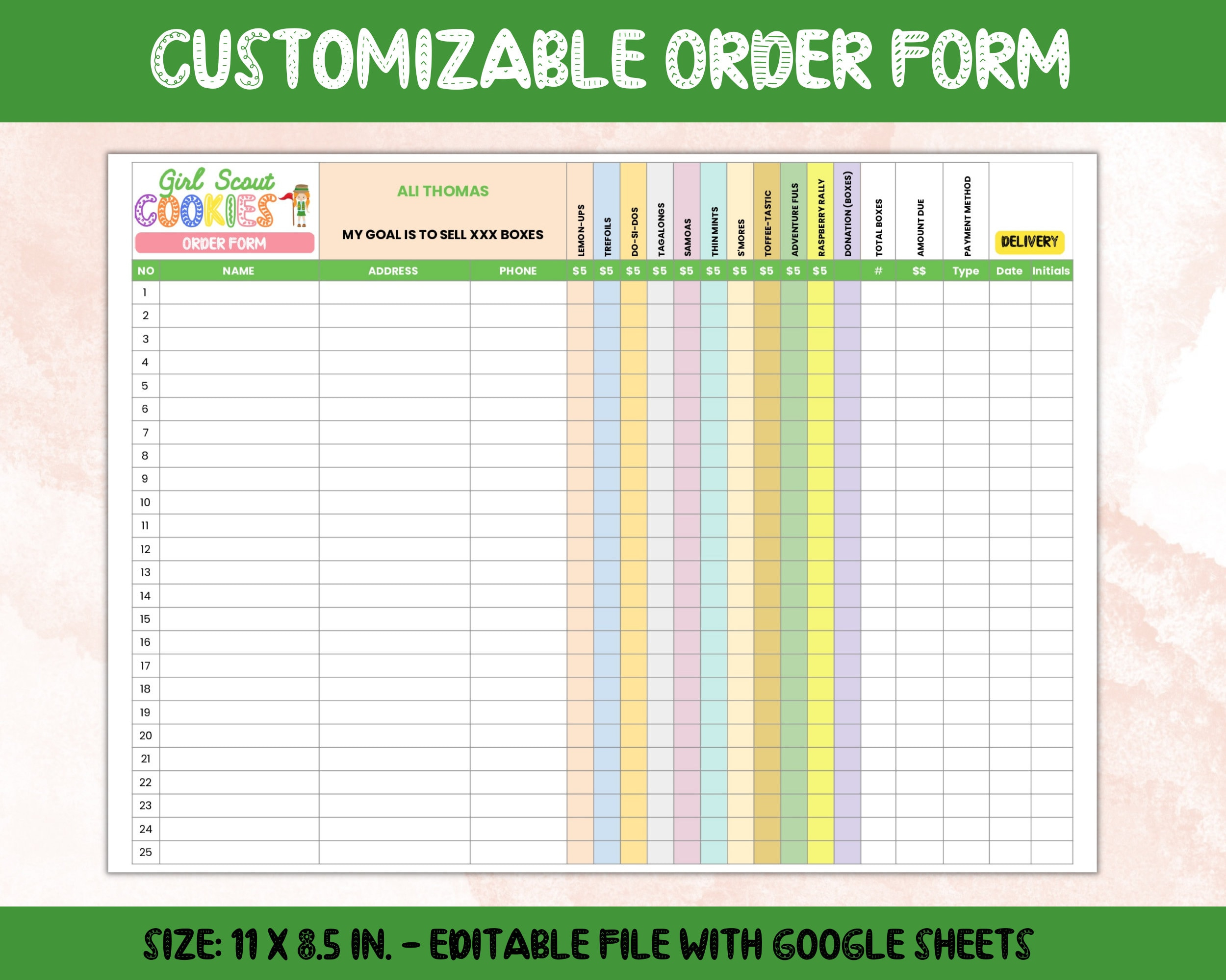 Girl Scout Cookie Order Form Template, Editable With Google Sheets in Girl Scout Cookie Order Form 2025 Printable Free