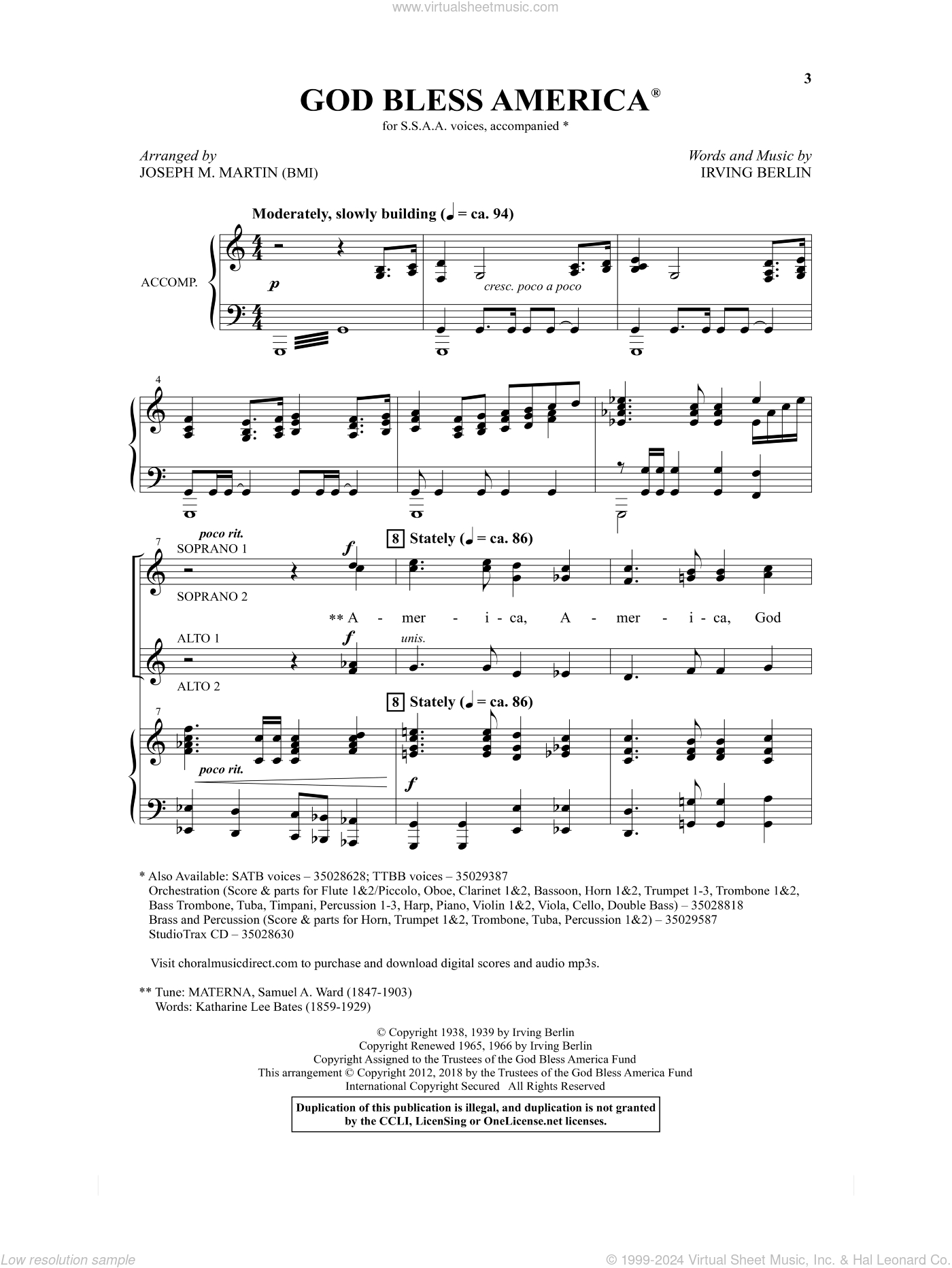 God Bless America (Arr. Joseph M. Martin) Sheet Music For Choir with Downloadable Free Printable God Bless America Sheet Music