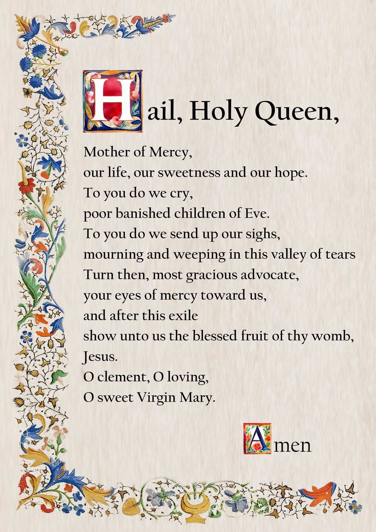 Hail Holy Queen Prayer, Catholic Prayer Card, Printable A4, Wall within Free Printable Hail Holy Queen Prayer