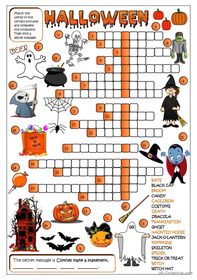 Halloween - Crossword Crossword: English Esl Worksheets Pdf &amp;amp; Doc in Halloween Crossword Puzzle Printable