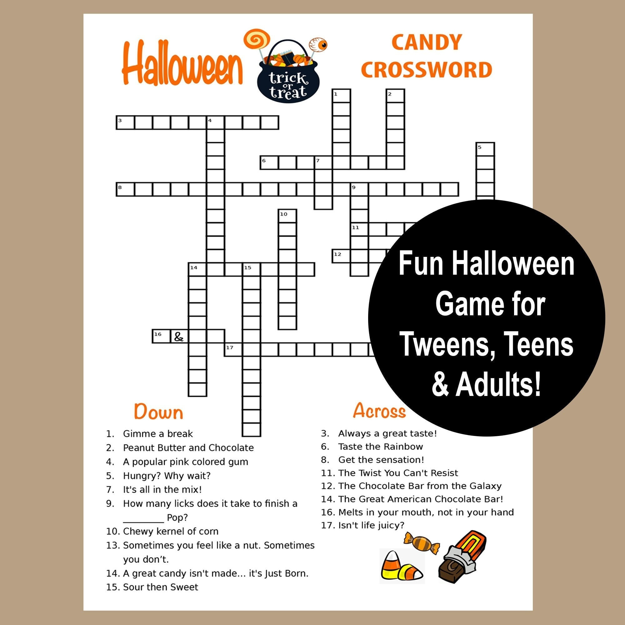 Halloween Crossword Puzzle, Halloween Tween, Teen, Adult Game, Halloween Party Game, Printable Halloween Trivia Game, Halloween Candy Game, with regard to Halloween Printable Crossword Puzzles