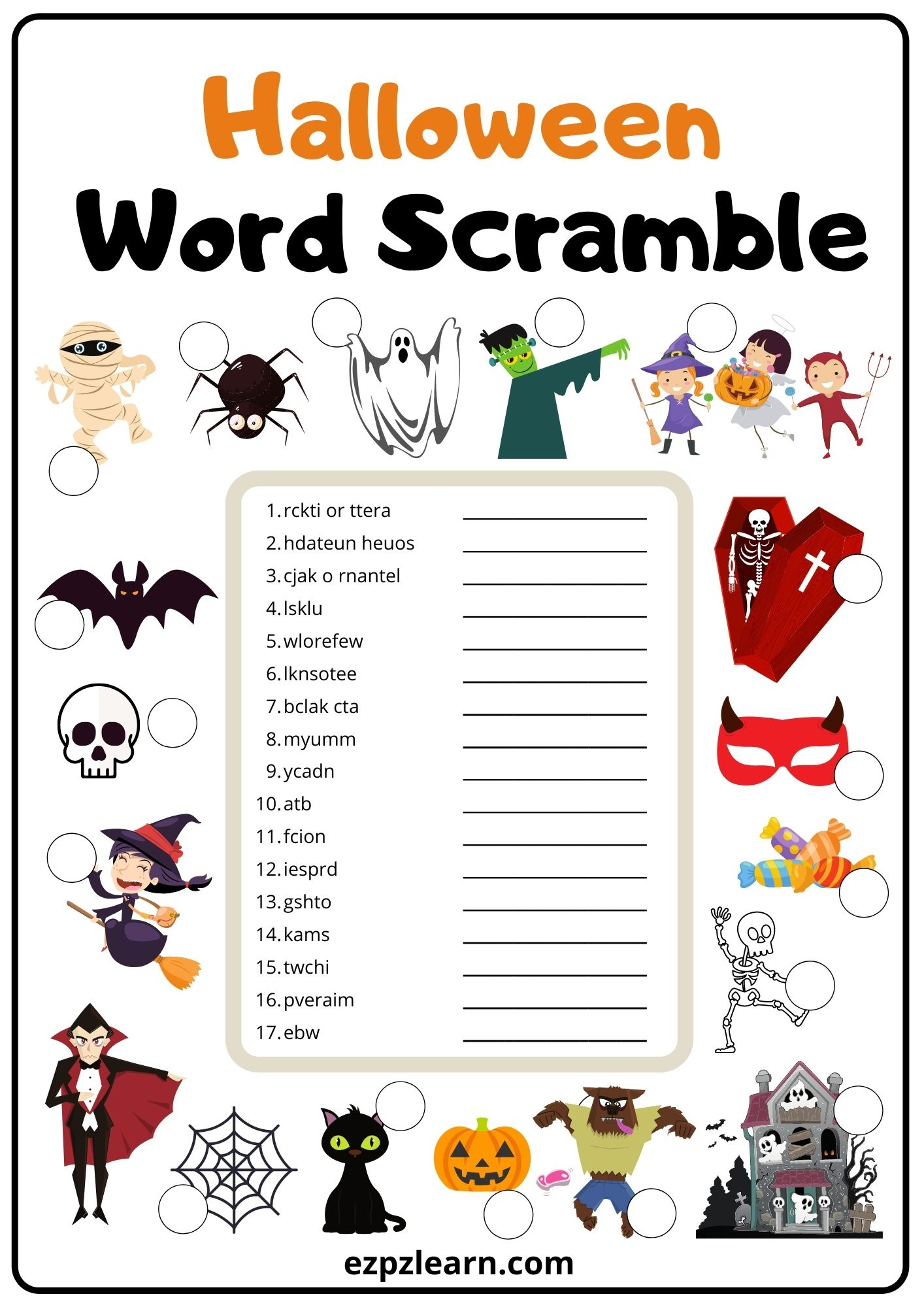 Halloween Word Scramble 2 - Ezpzlearn in Free Printable Halloween Word Scramble