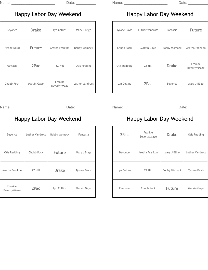 Happy Labor Day Weekend Bingo Cards - Wordmint pertaining to Labor Day Bingo Free Printable