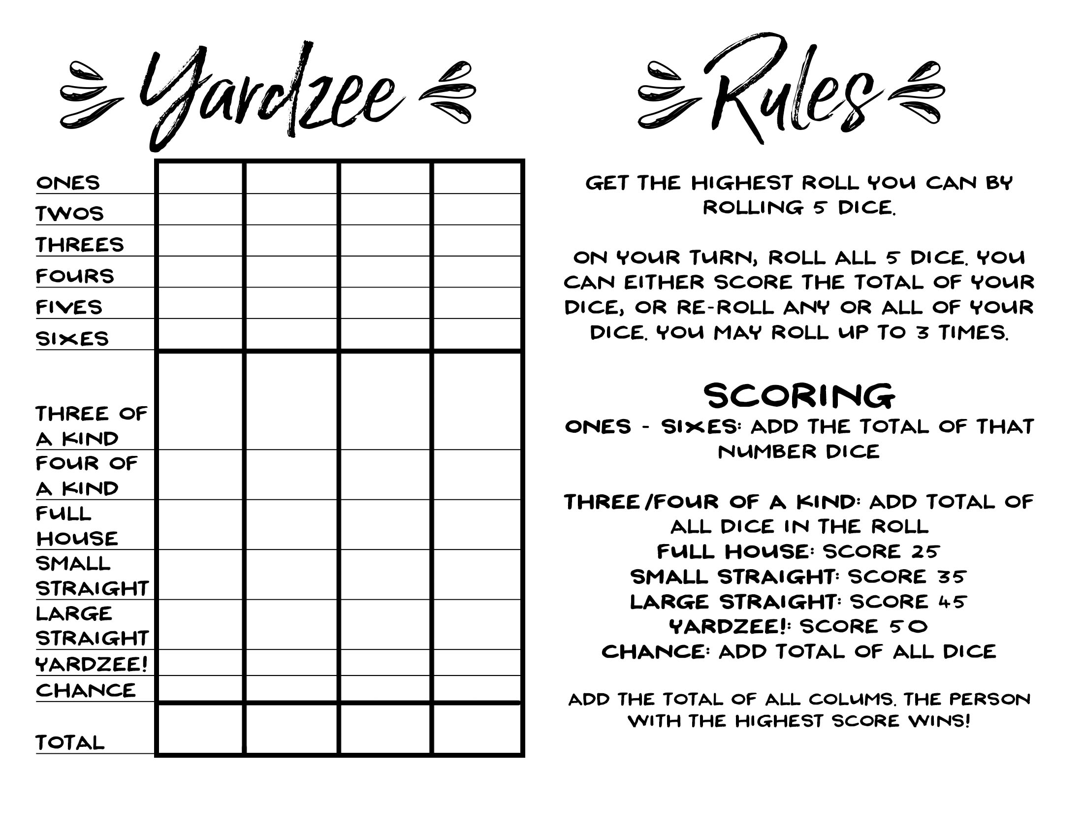 How To Make Giant Yard Dice + Free Printable Yardzee! - Our in Yardzee Score Card Printable Free