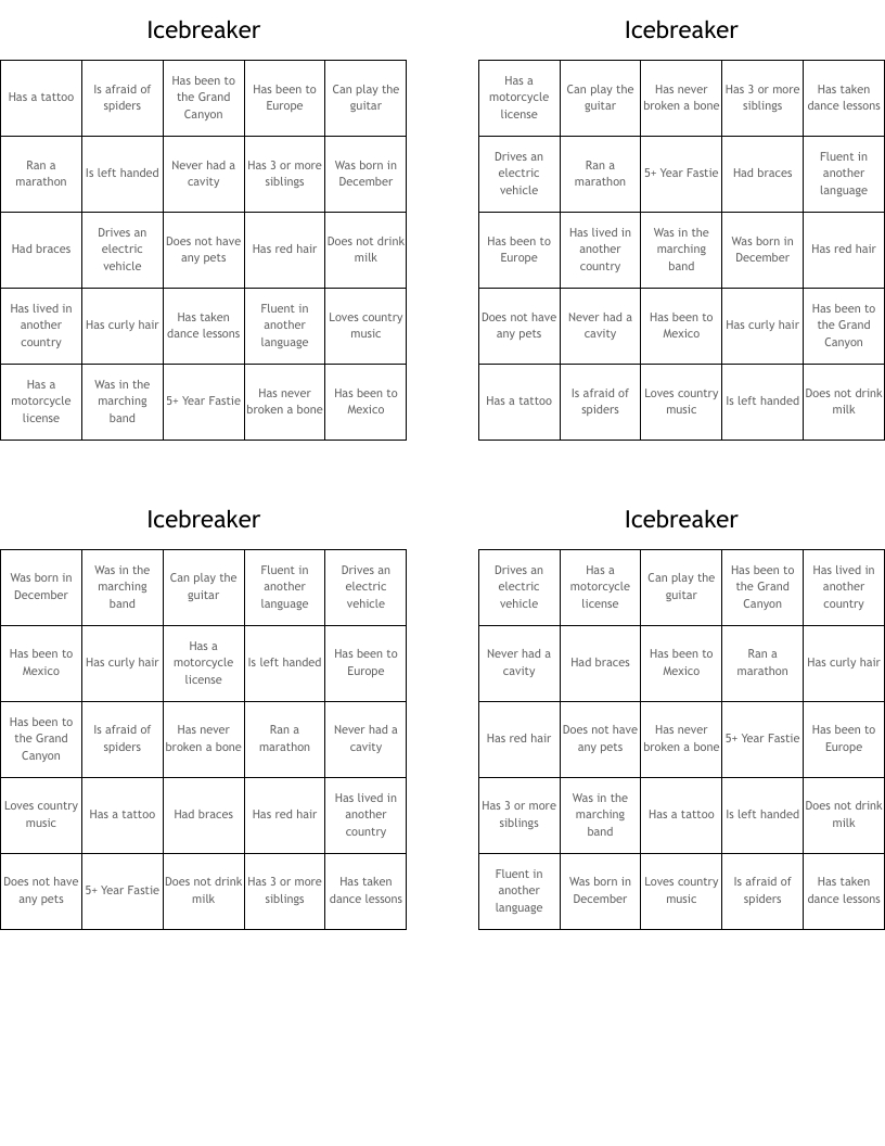 Icebreaker Bingo Cards - Wordmint throughout Ice Breaker Bingo Card Generator